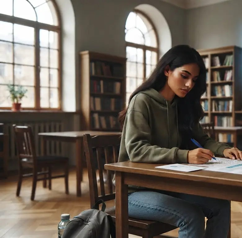 A student working through the assessment at a library desk