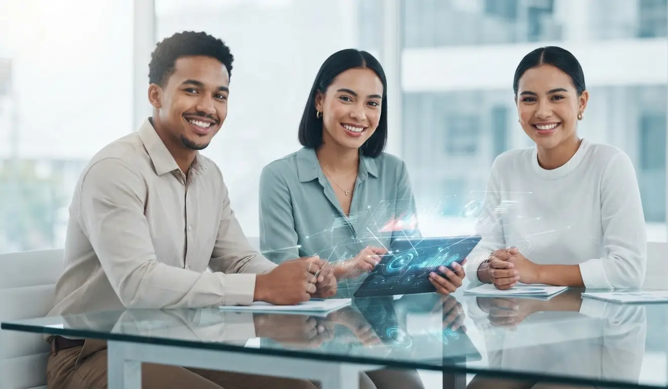 Three colleagues looking at a report together at a meeting table